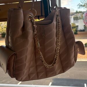 Steve Madden Brown Quilted Shoulder Bag with Gold Chain